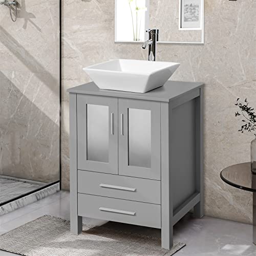 Luckwind 24 Inch Bathroom Vanity Square White Vessel Sink Combo,Grey Bathroom Wooden Cabinet With Ceramic Basin，Silver Chrome Faucet & Pop Up Drain, Mirror #TOP22