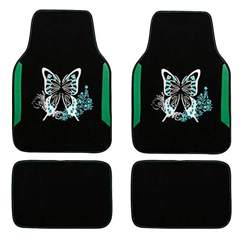 CAR PASS Lot de 4 tapis de sol universels avec broderie papillon et fleur, pour SUV, berlines, camions, voitures, noir et bleu Cover