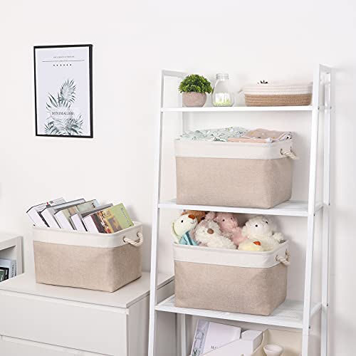 Bidtakay Baskets Large Fabric Storage Bins With Handles [3-Pack] Collapsible Storage Basket For Shelves 15 X 11 X 9.5 Inches Canvas Bins For Storage Closet Organization (White&Beige) #TOP1