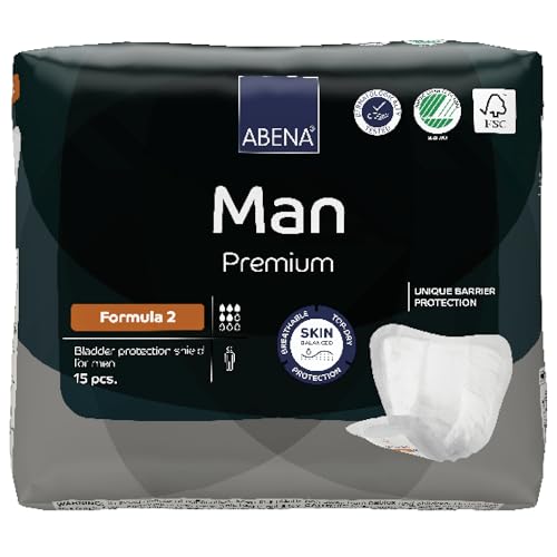 Abena Man Formula 2 700ml Pack of 15 Incontinence Pads for Men Eco-Labelled Mens Incontinence Protection Extra Protection Breathable & Comfortable with Fast Absorption Discreet