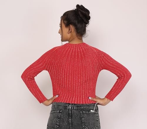 Image of ICW Women Knitted Rhinestone Embellised Daimond Studded Mesh Round Neck Long Sleeve Crop Top T-Shirt 206