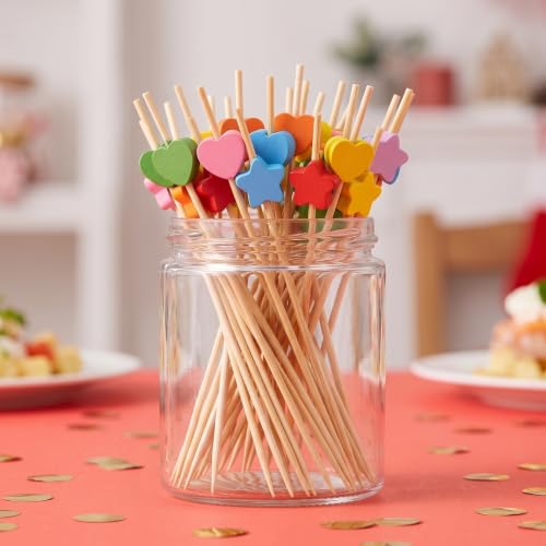 TOYANDONA 200 szt. wielokolorowych wykałaczek do koktajli – bambusowe wykałaczki do jedzenia w kształcie serca i gwiazdki – 4,7-calowe patyczki do szaszłyków, ozdoby na wieczór panieński, ślub,