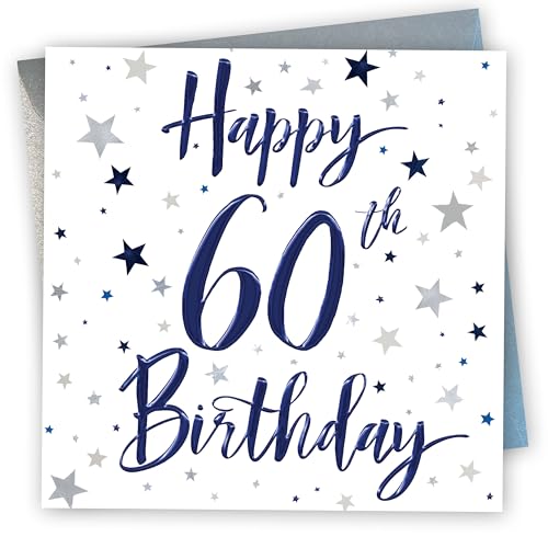 Birthday Card for 60th Birthday. Stars Design with Blue foil. 150x150mm supplied with Envelope. Eco-friendly. Made in Britain.