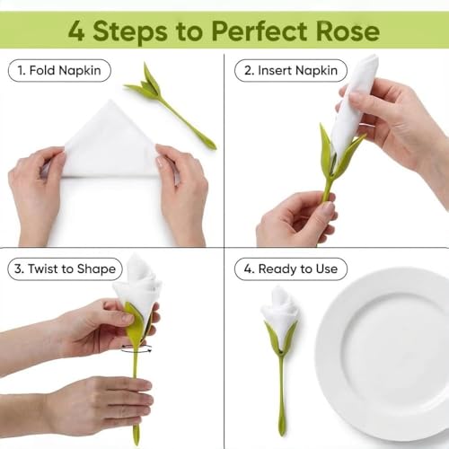 Image of Green Flower Napkin Holders Set of 4 for Dining Table, Rose Bud Serviette Rings with Reusable Plastic Stem Design, Decorative Table Accessories for Wedding Party BBQ Dinner