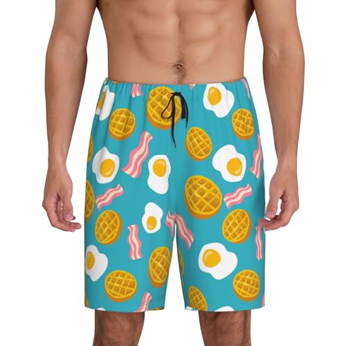 Vosery Mens Pajama Bottoms Pants - Waffle Poached Eggs Bacon Breathable Mens Lounge Pajama Bottoms Sleep Shorts with Pockets