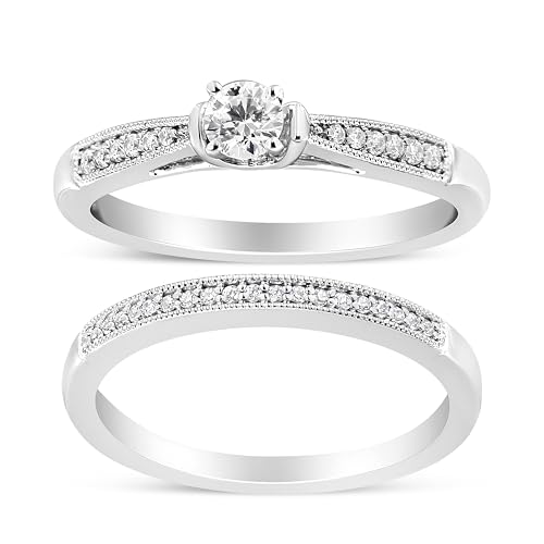 Haus of Brilliance .925 Sterling Silver 1/3 Cttw Diamond Classic Engagement Ring Bridal Set with Milgrain (I-J Color, I3 Clarity) - Ring Size 5