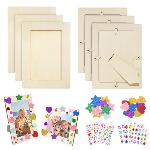 Itharon Marco de Fotos de Madera, 6 Piezas Marcos Vacíos para Pintar para Niños, Cumpleaños - Set DIY con Piedras Brillantes y Pegatinas de Estrellas 3D