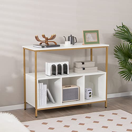 Giantex Buffet Sideboard, Wooden Cupboard, Kitchen Pantry W/Spacious Countertop, Large Open Shelf, 3 Cube Storage Cabinet, Sturdy Rustproof Steel Frame, Modern Stationary Island, White & Golden #TOP1