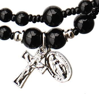 Sine Cera Black Onyx Twisting 5 Decade Catholic Rosary Bracelet with Lusterous Pewter Crucifix and Miraculous Medal, Durable Stretch Design, 4mm Smooth Stone Beads - Image 2