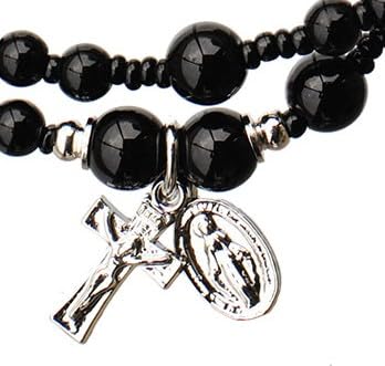 Sine Cera Black Onyx Twisting 5 Decade Catholic Rosary Bracelet with Lusterous Pewter Crucifix and Miraculous Medal, Durable Stretch Design, 4mm Smooth Stone Beads2
