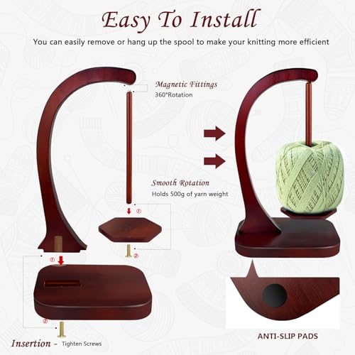 jucpash yarn holder for crocheting and knitting wooden yarn spinner with magnetic rotating mechanism and anti-slip pads crochet gift for knitting lovers - brown