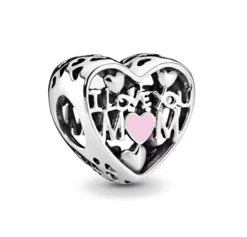 Abalorio de plata de ley S925 esmalte rosa corazón I Love You Mum
