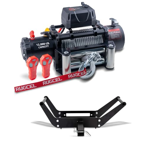 RUGCEL Winch 12000lb 12V con cable de acero negro miniatura 1