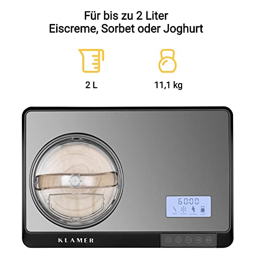 KLAMER 2-in-1 Eismaschine & Joghurtbereiter 2 L, 180 W Eiscrememaschine aus Edelstahl mit Kühl- und Heizfunktion, hausgemachtes Speiseeis mit selbstkühlendem Kompressor, mit digitalem Rezeptbuch – Bild 4