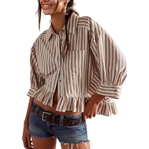 InterNos Womens Striped 3/4 Sleeve Blouse Loose V Neck Button Down Ruffled Hem Vertical Shirt Top with Pocket (0955-Khaki-M) Cover