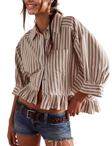 InterNos Womens Striped 3/4 Sleeve Blouse Loose V Neck Button Down Ruffled Hem Vertical Shirt Top with Pocket