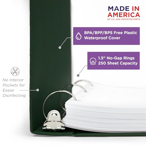 Carstens 1.5-Inch Heavy Duty 3-Ring Binder - Side Opening, Forest Green, Durable Plastic, Precision No-Gap Rings, Waterproof Cover, No Pockets, Holds 250 Letter Sheets, BPA-Free, Made in USA (2041-3R) - Image 2