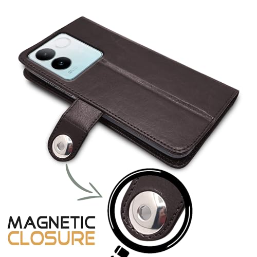 Image of Pikkme iQOO Z7 Pro 5G Flip Cover Leather Finish | Inside TPU with Card Pockets | Wallet Stand and Shock Proof | Complete Protection Button Flip Case for iQOO Z7 Pro 5G (Coffee)