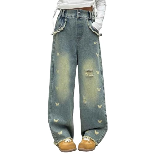 Girls Butterfly Print High Waist Jeans Distressed Ripped Denim Pants Causal Baggy Straight Wide Leg Jeans