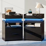 Turosur Modern Nightstands Set of 2 with Charging Station & LED Light,Black