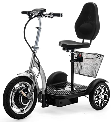 VELECO ZT16 - Scooter de movilidad de 3 ruedas - Totalmente ensamblado y listo para usar - Ruedas grandes - Fácil de maniobrar - Frenos delanteros y traseros - Cesta de la compra extraíble (PLATA)