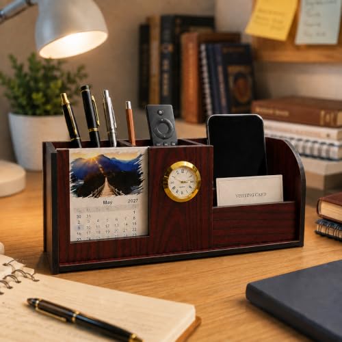 Image of Zesta Wooden Desk Organizer Pen Stand Remote Holder Card Slot | Table Accessory Office Desk Study Room | Pencil Storage Stand Stylish Workspace Decor (Rosewood, Executive)