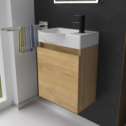 Alpenberger Gäste WC Waschbecken mit Unterschrank | Kleines Badmöbel 45 cm Breit | Waschtisch mit Waschbeckenunterschrank (Eiche Natur, Waschbecken - Linke Seite)
