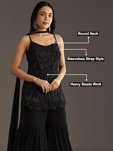Image of TRENDMALLS Women's Georgette Beads Embroidery Sequence Work Kurta Sharara Dupatta Salwar Suit Set For Women