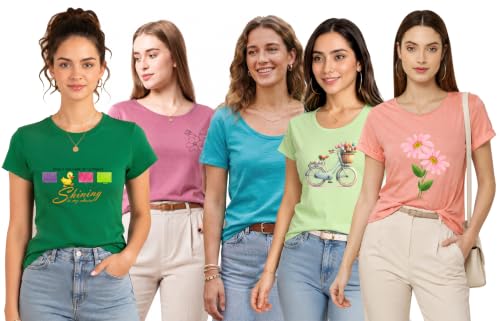 Image of NIVIK Cotton T-Shirts for Summer | Printed, Cotton Tops & T-Shirts. Combo of 5 Tops for Women & Girls