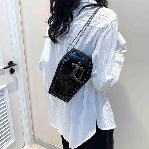 Image of Gothic Rivet Coffin Shape Crossbody Bag, Women's Studded Cross Transparent Shoulder Bag, Novelty Vintage Punk Phone Purse