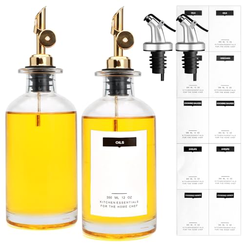 Salzesfalls 12 oz Olive Oil Dispenser Bottle for Kitchen - Elegant Glass Set of 2 With Pour Spout for Coffee Syrup, Vinegar