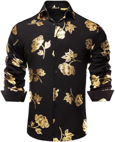 Hi-Tie Mens Hipstar Gold Paisely Floral 3D Printed Dress Shirts Shiny Long Sleeve Button Down Party Disco Performing2
