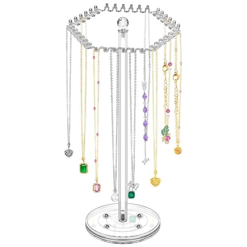 Joberio - Soporte para collar transparente, expositor de joyas giratorio, soporte para collar con 36 ganchos, gran torre de árbol de exhibición para anillos, pulseras,