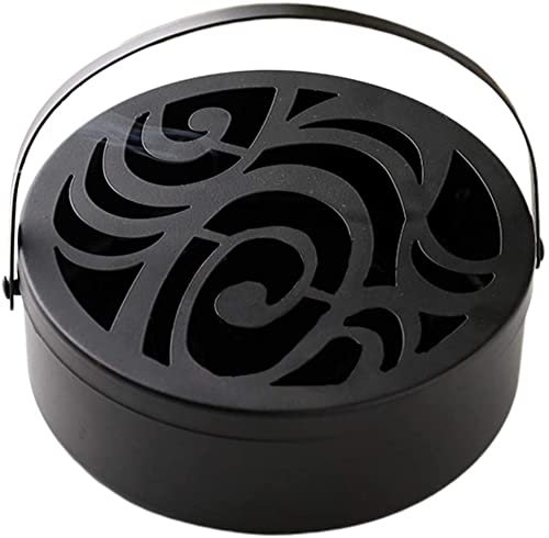 Mosquito Coil Box Portable Retro Metal Mosquito Coil Holder with Handle Fireproof Incense Burner Rack For Indoor and Outdoor Travel Camping Black