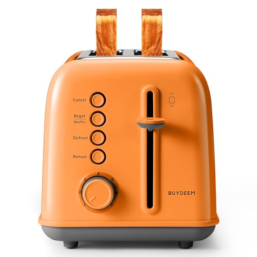 Image of BUYDEEM DT620 2-Slice Toaster, Extra Wide Slots, Retro Stainless Steel with High Lift Lever, Bagel and Muffin Function, Removal Crumb Tray, 7-Shade Settings,Orange