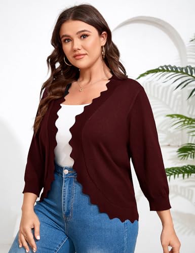 Womens 3/4 Sleeve Cardigan Plus Size Casual Knit Sweater Cardigan Scallop Hemline Open-Front Shrug Sweaters4