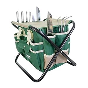 GardenHOME Tuingereedschapsset, Roestvrijstalen 7-Delige Gereedschapsset, Zware Opvouwbare Kruk, Afneembare Canvas Draagtas, Tuingereedschapsset Organizer