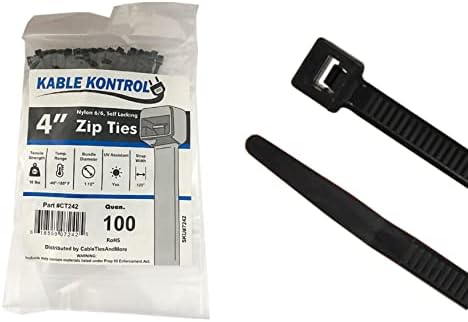 Kable Kontrol Cable Zip Ties 100 Pcs 4 Inch Black, 18 Lbs Tensile Strength, Self-locking UV Resistant Plastic Nylon Wire Ties, for Indoor or Outdoor Use