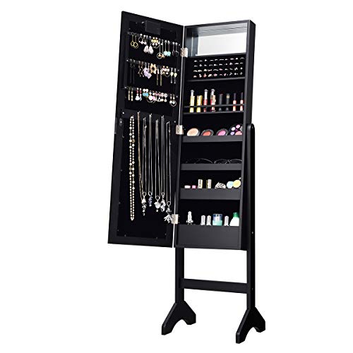 COSTWAY Armoire à Bijoux sur Pied avec 18 LED, Angle Réglable,Doublure en Velours Doux 35 × 31,5 x 145 CM (Noir)
