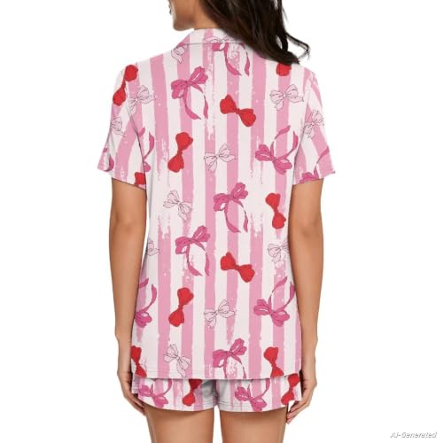 Image of Renewold Button Down Womens Pajama Set Short Sleeve Loungewear Bow Nightwear Sleepwear Night Suit Tops Shorts 2 Pieces