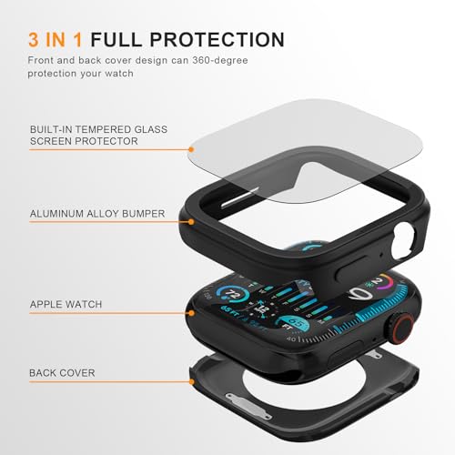 SDOCEBF Aluminum Alloy Case for Apple Watch 44mm Series 6 5 4 SE SE2 SE3, Ultra Slim Shockproof Protective Cover, Built-in 9H Tempered Glass Screen Protector, Black - image 2