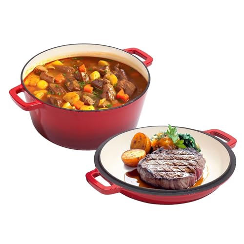 2 in 1 Enameled Cast Iron Dutch Oven Pot 6QT
