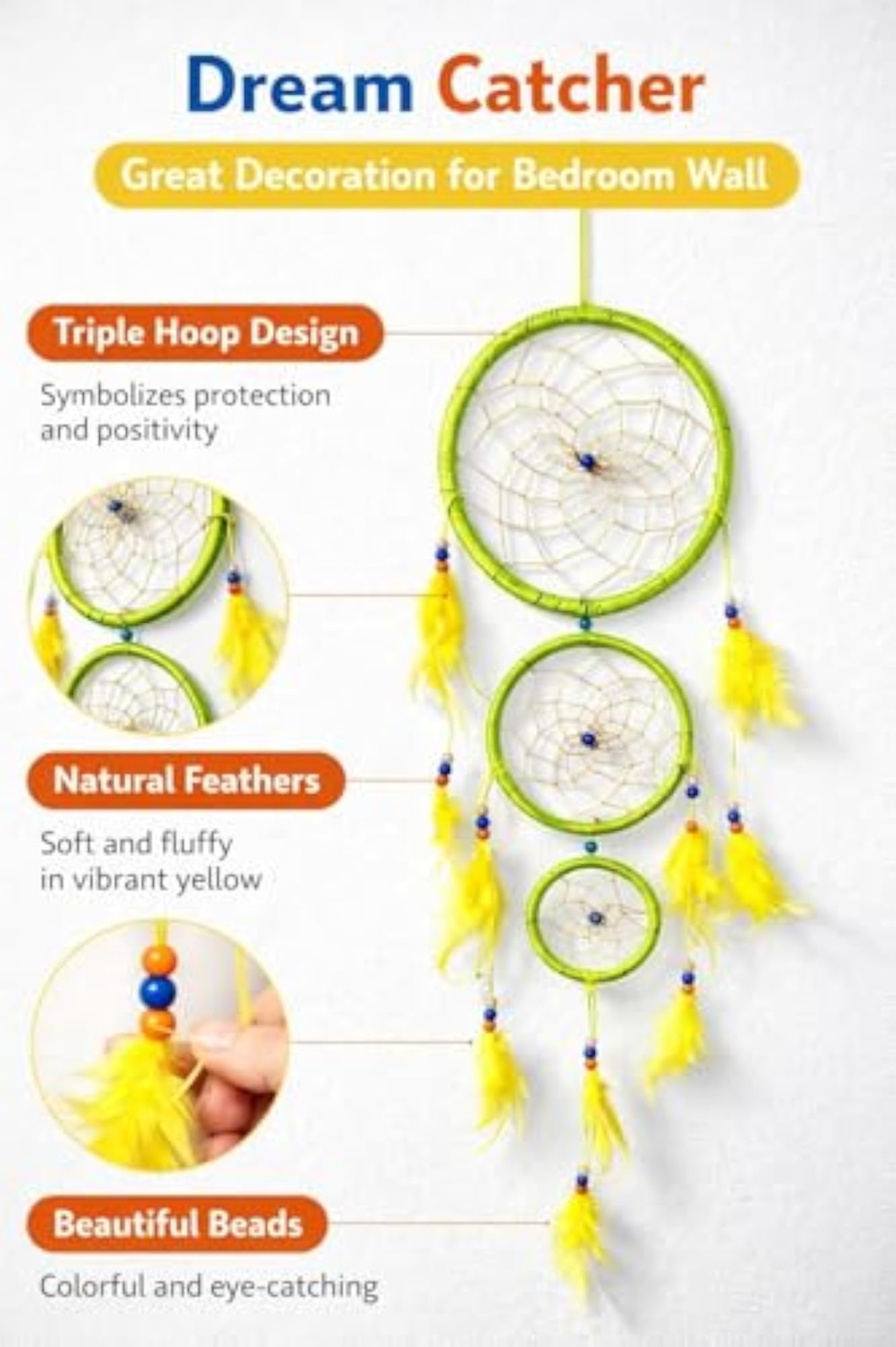 Handmade Rainbow Dream Catcher Wall Hanging with Blue Feathers