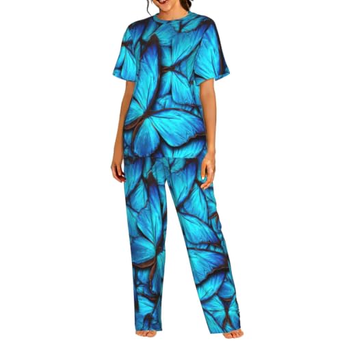 Pyjama court femme bleu nuit ensemble t-shirt short imprimé papillon vêtement de nuit
