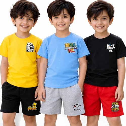 Image of Pack of 3 Boys T-Shirt Shorts Set | Summer Cotton Co-Ord Set | Half Sleeve Round Neck Printed Tees with Shorts | Casual Wear, Sports Wear, Night Suit Combo for Kids