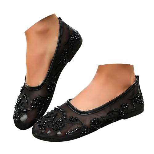 Zapatos de baile casuales con punta redonda bordada e inserciones de malla con perlas, cómodos de llevar todos los días., Negro , 37 EU