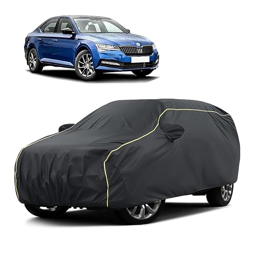 Image of Sulfar 100% Water Resistant Car Body Cover Compatible with Mirror for Skoda Superb (Triple Stitched, Full Bottom Elastic, Dark Grey Taffeta with Yellow Piping)
