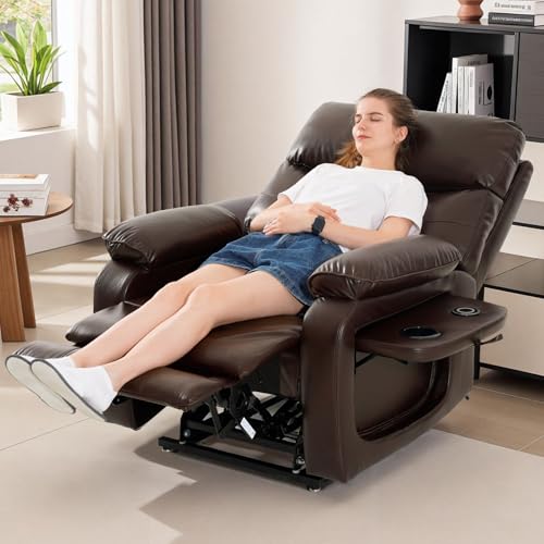 Image of Motorized Power Lift Recliner Chair for Adult & Elderly, Position Lay Lift Chair, Cup Holder, Lumbar Pillow, Wireless Charger, Leather (Brown)