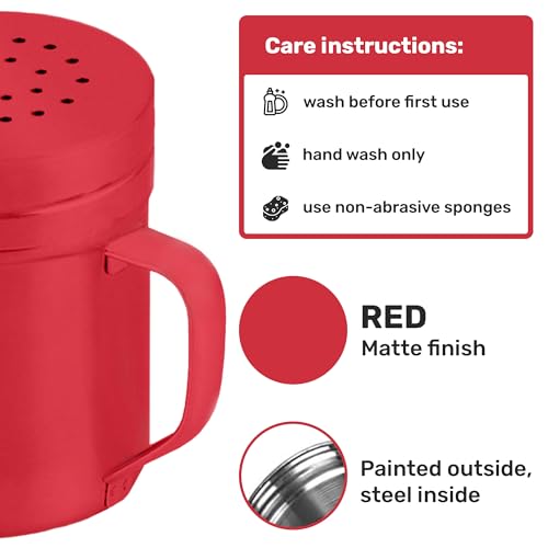 Image of CUSINIUM 6oz Red Stainless Steel Salt Pepper Dredge Shakers - With Plastic Cap - With Handle - Pack of 2