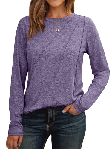 AUTOMET Womens Pleated Long Sleeve Tunic Tops - Loose Fit Crewneck Casual Shirts, Soft Lightweight Everyday Basic Clothes Purple L